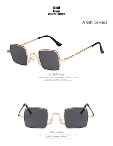 Detailed front and side views of gold metallic square frames with dark lenses for kids
