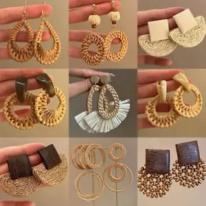 Bohemian Hand Woven Rattan Earrings With Resin Wood Shell Accents And 925 Sterling Silver Earring Post Summer Beach Vacation