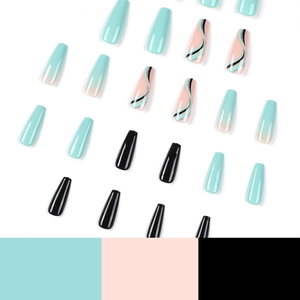 Long coffin press on nails featuring blue, green gradient and black wave patterns