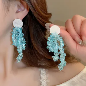 Elegant long fringe earrings with light blue crystals and white studs for women