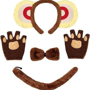 Brown plush monkey costume set with ears headband, gloves, bow tie, and long curved tail