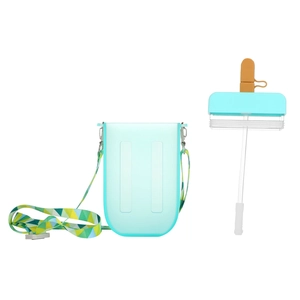 Detail view of popsicle-shaped water bottle with blue matte texture and colorful strap
