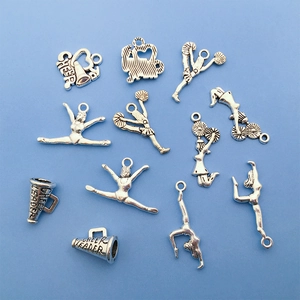Bulk alloy cheerleader charms in silver finish for DIY bracelet and necklace making