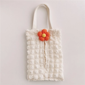 Hanging car tissue box with floral design in cream bubble fabric and orange flower
