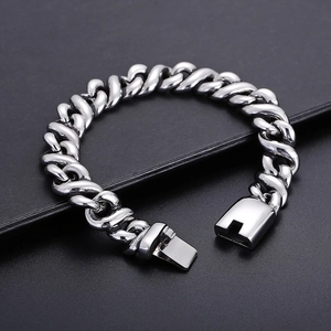 Polished silver stainless steel Cuban link bracelet with a secure box clasp for men