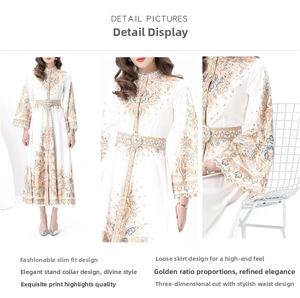 Close-up of vintage floral patterns and round buckle belt on a white palace style dress