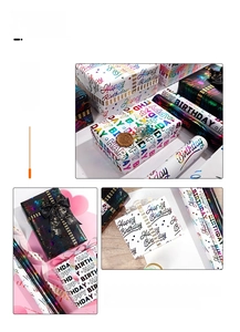 Detail of colorful holographic Happy Birthday gift wrap paper with matching ribbons