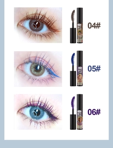 Brown, blue, and purple mascara swatches showing volume and curl effect on eyelashes