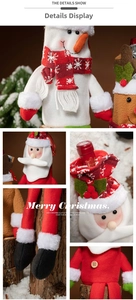 Detail of Christmas wine bottle covers featuring Santa, snowman and reindeer designs