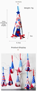 Detailed dimensions of patriotic gnome hanging ornament with blue striped hat and red star