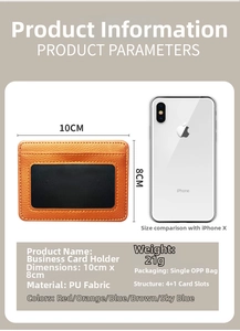 Detailed size comparison of the 5-slot PU leather card holder measuring 10x8cm and weighing 21g