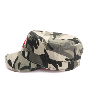Side view of camo military cadet hat with red star embroidery and flat top design