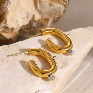 Classic C-shape 18k gold plated stainless steel hoop earrings with silver bead accents