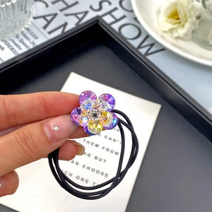 Elegant double-layered 3D flower hair tie with multi-colored faceted crystals for women
