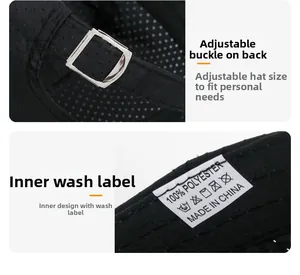 Detail of adjustable metal buckle and wash label on black quick-dry polyester cap