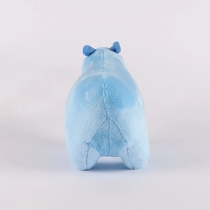 Rear view of blue capybara plush toy with detailed soft fur and small tail features