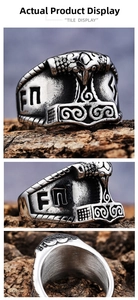 Macro views of stainless steel Mjolnir ring with Celtic runes and vintage finish