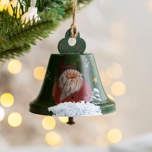 Christmas iron bell pendant with Santa painting and hemp rope on a festive tree background