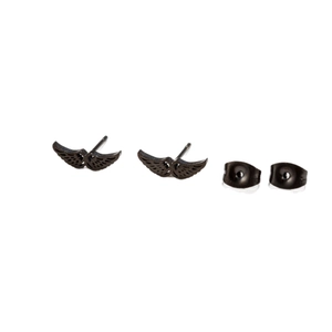 Minimalistische mattschwarze Engelsflügel-Ohrstecker mit feiner Federstruktur