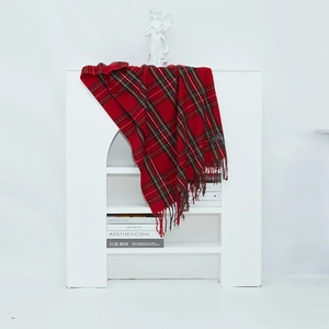Classic red plaid winter scarf with tassels, soft checkered warm wrap for New Year gift