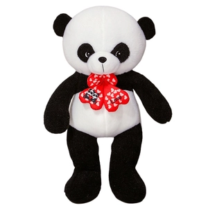 Giant panda plush toy with red heart bow tie featuring Love text and couple pattern