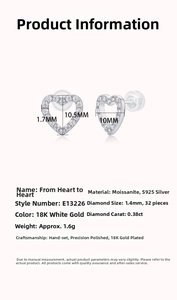 Detailed view of S925 silver heart earrings with 0.38ct moissanite stones and dimensions
