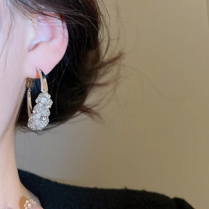 Close-up of silver hoop earrings with shimmering crystal clusters on a model