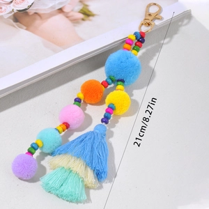 Portachiavi bohémien con pompon colorati e nappa per borse, lunghezza totale circa 21 cm