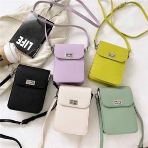 Women Crossbody Mobile Phone Bag Saffiano Pattern PU Leather Silver Turn Lock Adjustable Strap Simple Mini Square Pouch