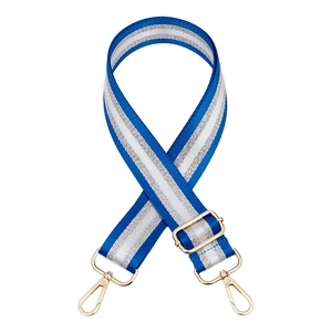 Close-up of royal blue and silver striped adjustable bag strap with gold lobster clasps