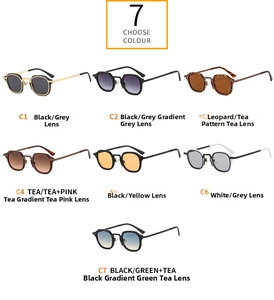 Detailed grid showing seven color options for vintage square metal and PC sunglasses
