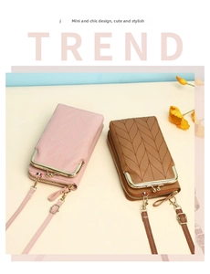 Pink and brown PU leather crossbody phone bags with leaf stitching and gold metal clasps