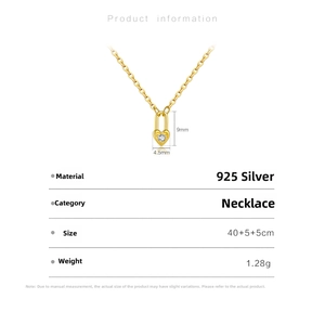 Detailed technical diagram of a S925 silver heart lock necklace with size and weight info