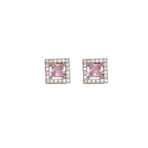 Exquisite rose gold square stud earrings with pink zircon stone and white diamond halo