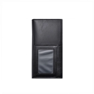 Vertical black faux leather long wallet for men with a transparent ID window on white background