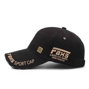 Black cotton baseball cap with gold embroidery and metal plate for men and women
