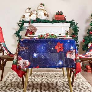 Festive Christmas tablecloth and chair covers with Santa Claus and poinsettia patterns