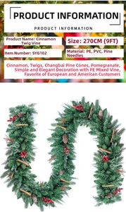 Detail of 9ft Christmas garland with cinnamon sticks, pine cones and red berries