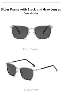 Front and side view of classic silver metal square frame sunglasses with dark gray polarized lenses