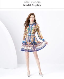 Detail of vibrant bohemian floral print dress with stylish blue circular waist buckle