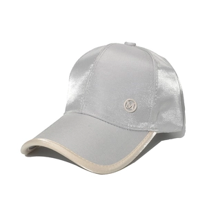Glossy silver baseball cap with M metal logo and beige brim detailing for women