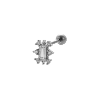 Macro shot of silver stainless steel stud earring with rectangular zircon and spherical back