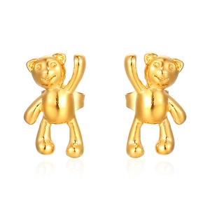 Elegant gold plated stainless steel teddy bear stud earrings with a polished glossy finish