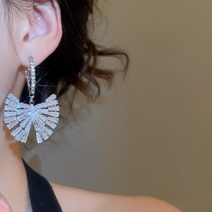 Détails d'élégantes boucles d'oreilles papillon en zircon argenté sur un mannequin