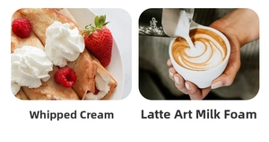 Electric frother used for whipping cream on pancakes and creating coffee latte art