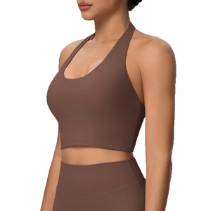 Halter neck coffee brown yoga sports bra and crop top for fitness and running