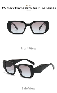 Detail view of bold black square sunglasses with gradient lenses and geometric temple design