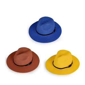 Three colorful straw fedora hats with black leather belts for summer sun protection