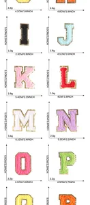 Size chart showing height and width dimensions for chenille letter embroidery patches