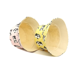 Kids cotton bucket hat set with cute panda print and polka dots in pink and yellow